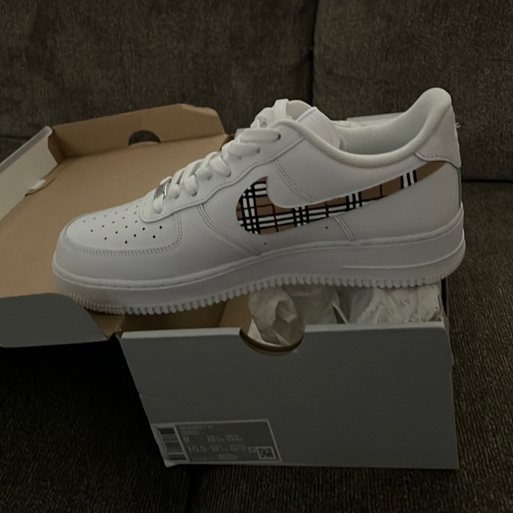 Nike Air Force 1 white with Burberry swoosh. Custom made..